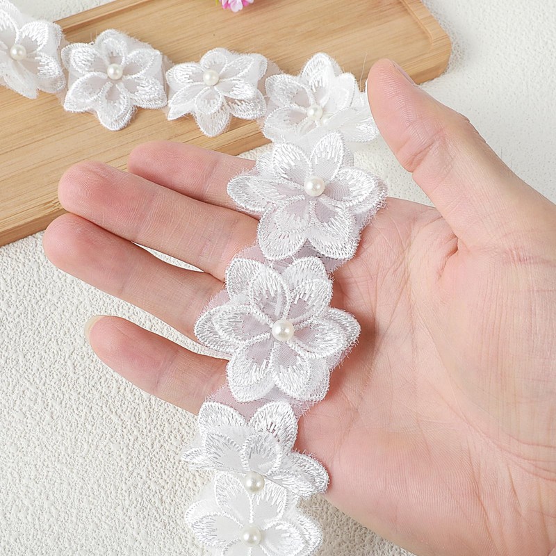 2 Yards White Lace Pearl Ribbon White Flower Lace Pearl