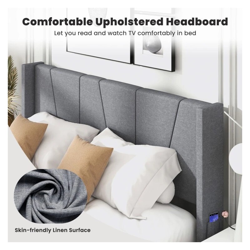 COSTWAY Queen Size Platform Bed Frame Heavy Duty w/Wingback Headboard