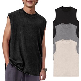 Mens Cotton Sleeveless Tank Tops Cut Off Muscle Gym T Shirts Running Beach Loose Fit Tees(Ivory/Grey/Black M)