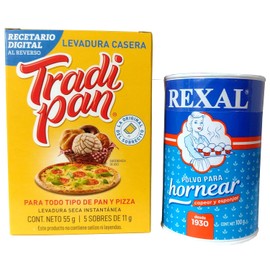 Paquete Tradi Pan Levadura Casera - Levadura seca instantánea - 5 sobres de 11 g c/u + Rexal Polvo para Hornear - 100 g