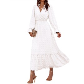BTFBM Women Fall Maxi Dresses 2025 Long Sleeve V Neck Swiss Dots High Waisted A-Line Ruffle Boho Long Dress Vacation(White,Medium)
