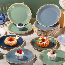 Tiangrid 48 Pcs Dusty Blue Sage Green Paper Plates 9 Inch Green Blue Scalloped Paper Disposable Dinner Dessert Plates for Birthday Wedding Bridal Party Supplies, 6 Colors