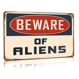 Smilelife Alien Gifts Vintage Alien Decor Beware of Aliens Funny Metal Sign for Home Bedroom Garage Man Cave Shed Indoor&Outdoor Decor 12 x 8 Inch (3301)