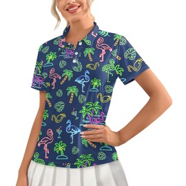heibaosi Womens Neon Flamingo Golf Shirts Moisture Wicking Golf Polo Shirts Quick Dry Short Sleeve for Women Tennis Shirts