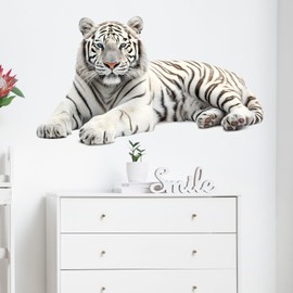 RoyoLam Lifelike Lying White Tiger Wall Decal Nursery Animal Wall Sticker Removable Peel and Stick Wall Art Decor for Kid Baby Classroom Preschool Living Room Playroom Bedroom School