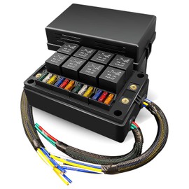 Pre-Wired Fuse Relay Box Waterproof, 8 5-Pin JD1914 Relay Slots and 12 ATC ATO Fuse Holder, with 8 5-Pin Relays and 12 Fuses, 12V Relay Fuse Block for Car Truck Boat RV Automotive Marine