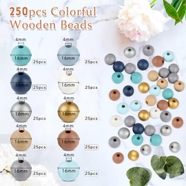 ZEFAN Colourful Wooden Beads Set, 250 Pieces Wooden Beads for Threading, 16 mm Wooden Balls with Hole, Round Wooden Beads Colourful for Bracelets and Crafts