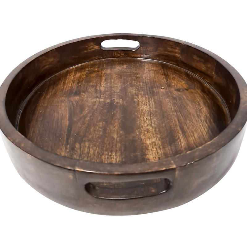 Hand Carved Wooden Round Platter with Handles Rustic Serving Tray,