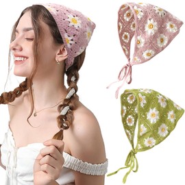 FULZTEY - Pañuelo de ganchillo para la cabeza, pañuelo de punto rosa, color blanco, con margaritas, para el cabello, clásico, estilo hippie, corbata, diadema, pañuelo boho, accesorios para el cabello,