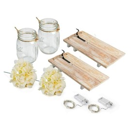 Rustic Mason Jar Wall Decor Sconces with LED Fairy Lights -Battery Cordless Wall Sconces, Farmhouse Wall Decor with Silk Flowers, Perfect for Bedroom, Kitchen, Bathroom, and Home Decor (Set of 2)