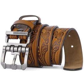 BISON DENIM Men's Belt Leather Dress Genuine Leather Classic Heavy Duty Buckle Belt Casual for Jeans, Silver buckle + printed belt, Length 105 cm, fit for waist 31" - 33"