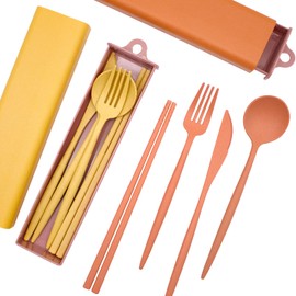 BLUE TOP Portable Cutlery Set Wheat grass Dinnerware 2 Set Utensils Includes Knife Fork Spoon Chopsticks Pull-Out Design Non-Toxic BPA Free Cutlery for Travel Picnic Camping or Office Daily Use