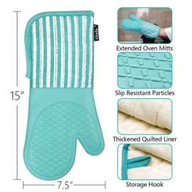 Alselo Silicone Oven Mitts Heat Resistant 932℉ with Waterproof & Non-Slip Kitchen Mittens, Set of 2 Extra Long Oven Gloves with Soft Cotton Terry Lining for Baking Cooking Barbecue