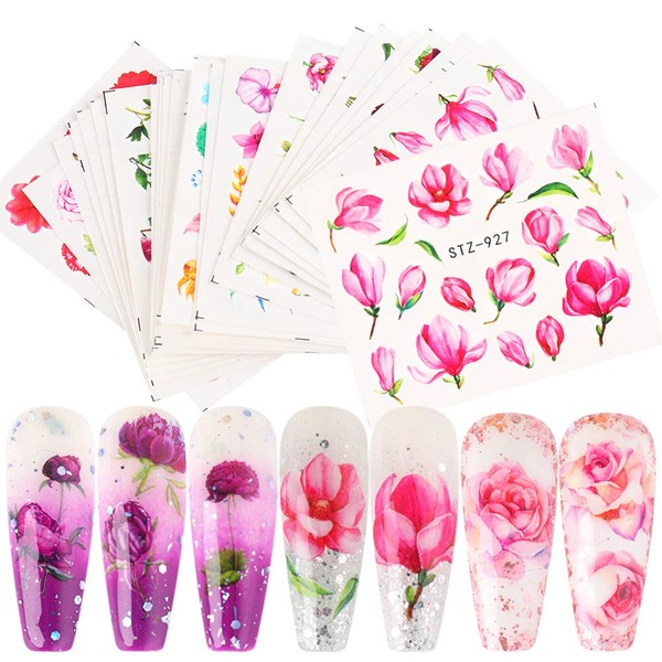 Flower Nail Art Sticker Rose Water Transfer Nail Decals Stickers Summer Nail Art Supplies Kit Pink Floral Nail Art Design 24 Sheets for Women Flowers Designs for Nails Decoration Set Manicure Tips
