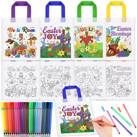 HOWAF 12pcs Easter He is Risen Coloring Goodie Bags with Paint Pens for Kids,Easter Religious Coloring Candy Bags for Easter Egg Hunt Game Supplies,Jesus Lives Reusable Canvas Bag Favors Coloring