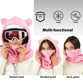 Pink Fleece Helmet Hood with Ears - Warm Balaclava Over Helmet - Snowboard Hooded Gaiter Ski Mask