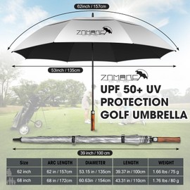 ZOMAKE 68 Inch UV Golf Umbrella Windproof Strong,Large Sun Umbrellas UPF 50 for 2-4 People With Wavy Wooden Handle for Men Women(Silver Black)