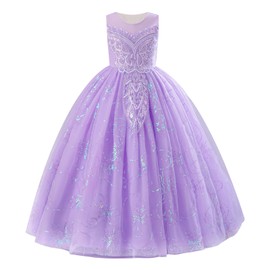 IDOPIP Sequin Appliques Flower Girl Dress for Kids Wedding Bridesmaid Pageant Party Formal Long Maxi Gown Big Little Princess First Communion Birthday Prom Shiny Puffy Tulle Dresses Purple 9-10 Years