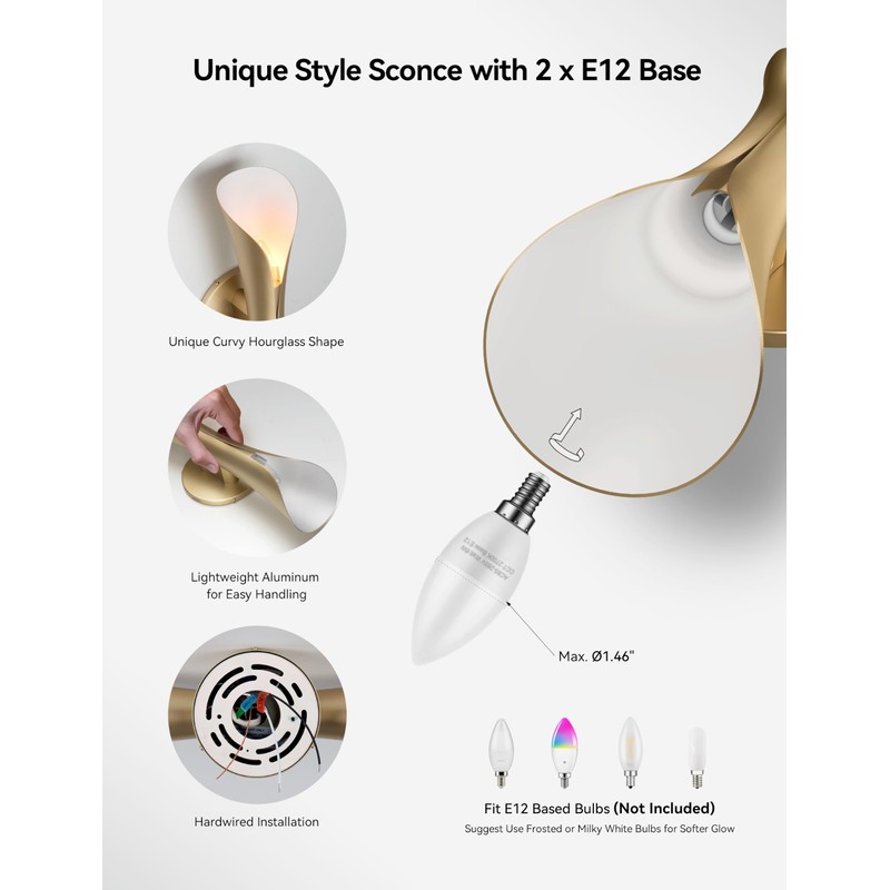 Tubicen Gold Wall Sconce Indoor Dimmable Mid Century Modern Up