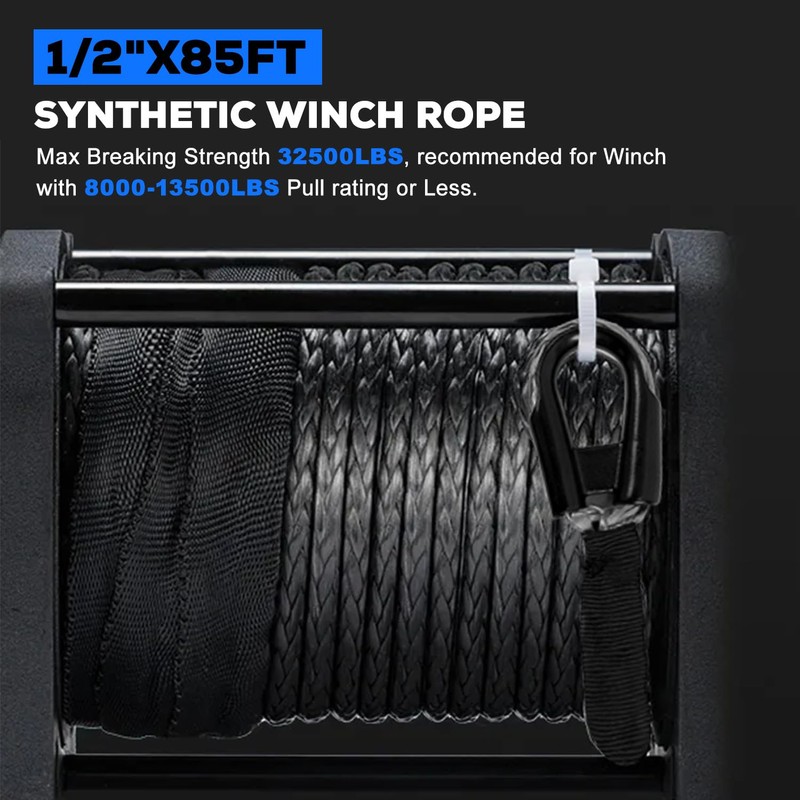 Synthetic Winch Rope Kit, 1/2" x 85ft 32500LBS Blue+Black Winch
