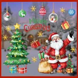 Mfault Merry Christmas Santa Claus Window Clings, Xmas Tree Gifts Ball Gold Snowflake Stickers Decals Decorations, Winter Holiday Home Kitchen Decor