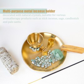 Crystal Multifunction Incense and Candle Holder for Burning Sage, Palo Santo, Incense Sticks - Natural Stone with Metal Plate Ash Catcher for Meditation Room Home Decor Spritual Gifts (Color 1)