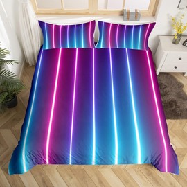 Homewish Abstract Ombre Duvet Cover Single,Pink Blue Teal Neon Bedding Set Geometric Stripes Comforter Cover for Boys Girls Kids Adult,Gradient Striped Quilt Cover Bedroom Decor 2Pcs