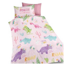 VELVETIO Easy Care Single Kids Duvet Cover Set with Pillowcase, Breathable Girls Dinosaur Bedding Bedset, Soft Reversible Animal Print Comforter Quilt, Pink