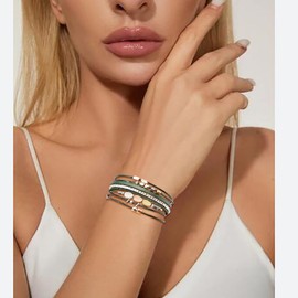 Gleamart Multilayer Leather Wrap Bracelet Beads Wristband Braided Bangle for Women Green2