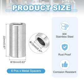 PATIKIL 6 Pcs Stainless Steel Spacers, 12mm ID x 16mm OD x 22mm Height 304 Stainless Steel Bushing Screw Standoff Unthreaded Round Spacer for 1/2"M12 Screws Bolts Nuts