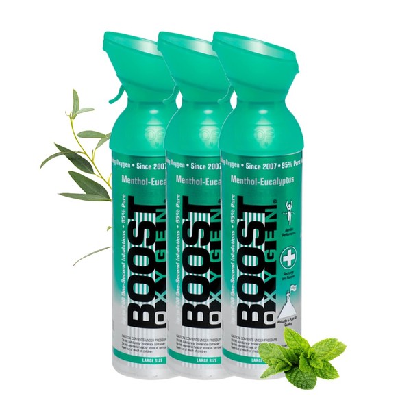 Boost Oxygen Oxygen tab for on the go with 95% oxygen, 27 L, 3 x 9 L oxygen can with oxygen mask for more than 450 inhalations, mobile oxygen inhaler (menthol-eucalyptus flavour)