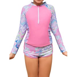 WDIRARA Girl's 2 Piece Swimsuit Wave Striped Print Half Zipper Swimwear Bathing Suits Multicolor 11-12Y