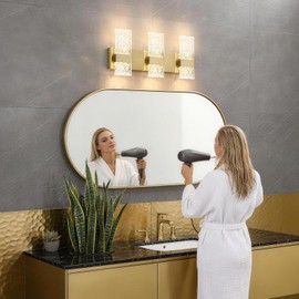 Modern Brushed Gold 6-Lights Bathroom Vanity Light, Eleglant Brass LED Bathroom Light Fixtures over Mirror, Dimmable Acrylic Shade Wall Lighting Fixtures, Hardwired Wall Light(H9.25in, L21.26in)