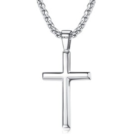 Adramata 925 Sterling Silver Cross Pendant Neckalce for Men Women with 3MM Stainless Steel Durable Wheat Chain Beveled Edge Crucifix Necklace Polished Beveled Edge Silver Cross Chain Necklace Jewelry 16-28 Inches