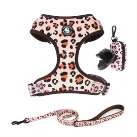 Coowone Dog Harness and Leash Set with Poop Bag Dispenser -Soft Mesh Adjustable and No Pull Dog Harness for Small Medium Large Dogs (L (Neck 14.5"-20"; Chest 18.5"-27"), OrangeLeopard)