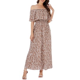Bluetime Womens Maxi Dress Off Shoulder Floral Print Boho Beach Long Summer Dresses (Mocha Floral, XX-Large)