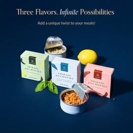 Bokksu Bokksu Tinned Shirasu Anchovies Variety Pack (3-Pack) - Explore All Flavors - Black Pepper & Basil-Infused Oil, Yuzu Pepper, and Mentaiko Cod Roe Canned Anchovies for Diverse Culinary Creations