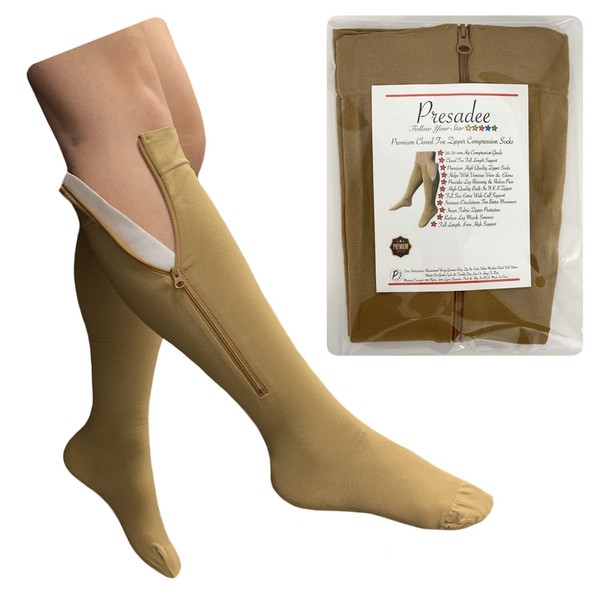 Presadee Premium Closed Toe 20-30 mmHg Firm Compression Zipper Leg Pain Socks (Beige, L/XL)