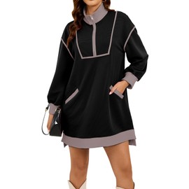 Skoinvb Womens Long Sleeve Sweatshirt Dress Oversized Half Zip Fall Loose Fit Casual Dress with Pockets Black S