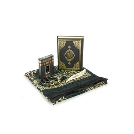 ihvan online Prayer Gift Set for Hajj and Umrah, Muslim Prayer Rug, Prayer Mat, Beads Taasbih, Holy Quran Translated French, Muslim Praying Mat, Islamic Gift Set for Ramadan & Eid, Black