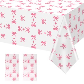 Gosknor 2pcs Pink Bow Table Cloth Decor, Single-Use Bow Themed Tablecloth Coquette Birthday Party Decorations Waterproof Pink Bow Table Cover for Women Girls Baby Shower Party Supplies