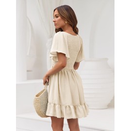 LILLUSORY Women's Flowy Casual Mini Dresses 2024 Summer Smocked V Neck Flutter Sleeve Graduation Dress with Pockets Apricot L