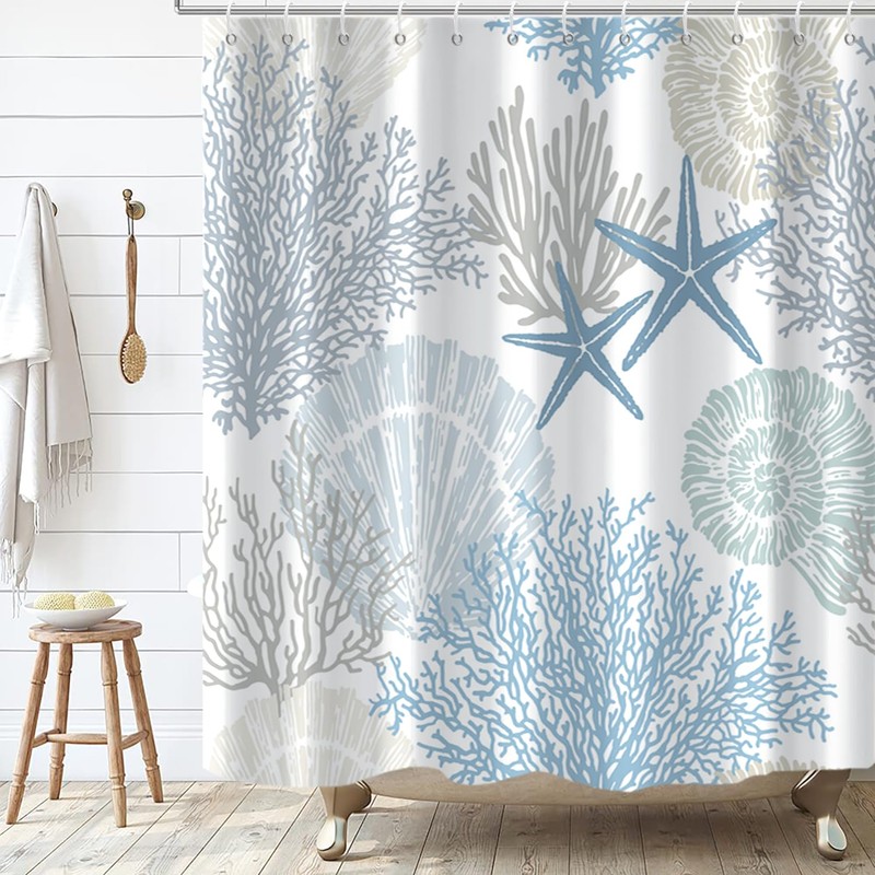 GKLEASG Nautical Beach Shower Curtain, Blue Tropical Coral Ocean Seashell