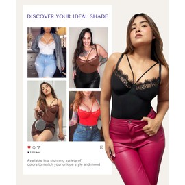 SHAPELLX Bodysuit for Women Tummy Control Shapewear V Neck Lace Body Shaper Fajas Colombianas Waist Trainer (Brown, X-Large)