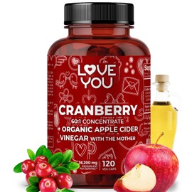 Love You Cranberry 60:1 Extract + Organic Apple Cider Vinegar – Max Strength 36,200 mg Equivalent – 120 Vegan Capsules – Urinary Tract & Digestive Support