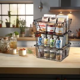 SANNO Stackable Basket Black Stackable Wire Baskets Stacking Bins for Vegetable Storage Pantry, Fridge, and Bathroom Organization,6 pack
