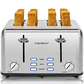 Toaster 4 Slice Wide Slot Stainless Steel Toasters with Bagel, Reheat, Cancel, Defrost Function, 6 Shade Settings, Removable Crumb Tray, 1550W, Aigostar