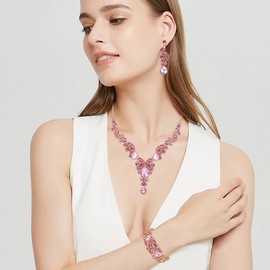 Ever Faith Wedding Bridal Jewellery Set, Rhinestone Crystal Art Deco Floral Vine Teardrop Necklace Earrings Bracelet Set Pink Gold-Tone