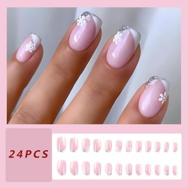 Christmas Press on Nails Short Square Pink Fake Nails Glossy French Tips Snowflake Full Cover False Nails Design Winter Glue on Nails Xmas Stick on Artificial Nails for Women Nail Decoration 24Pcs