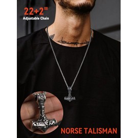 FaithHeart Men's Stainless Steel Viking Thor's Hammer Pendant Necklace, Vintage Nordic Viking Celtic Knot Norse Vikings Amulet Necklaces Guiding Rune Jewelry -Silver